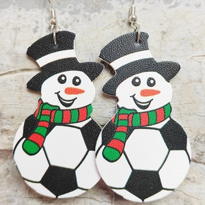 Christmas snowman earrings with football pattern made of leather for sports fans