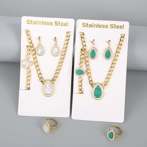 Gold stainless steel jewelry set with teardrop shell pendants and sparkling stone edges