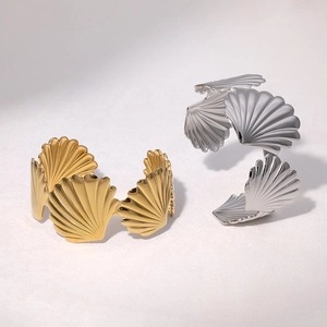 Shell Cuff Bracelet Stainless Steel Open Adjustable Wide Scallop Textured Ocean Style Fashion Jewelry Women