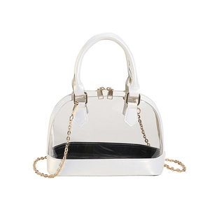 Detail view of transparent PVC shell bag with white leather trim and gold chain strap