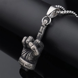 Retro middle finger gesture pendant in antique silver stainless steel with bead chain