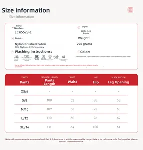 Detailed size chart for wide-leg yoga pants showing measurements and fabric composition