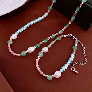 Parure de bijoux en perles et pierres naturelles avec chaîne d'extension en acier inoxydable