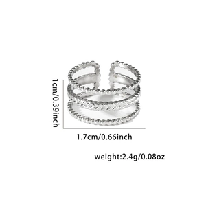 Silver multi-layer beaded ring dimensions showing 1.7cm diameter and 2.4g weight detail