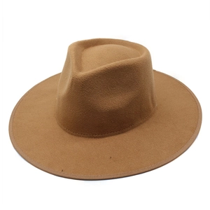 Classic tan wool fedora hat with a wide brim and teardrop crown for autumn and winter fashion