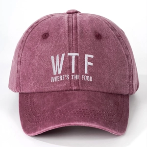 Washed burgundy baseball cap with white WTF embroidery for outdoor sun protection