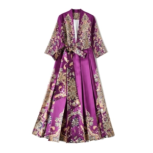 Elegant purple satin midi dress with golden paisley print and V-neck waist design