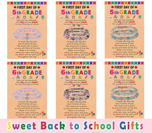 Detailed view of Back to School beaded bracelet gift set with grade-specific greeting cards