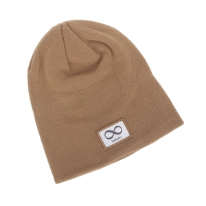 Detail showing the khaki knit beanie texture and white Infinity patch on a flat surface