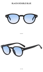 Front and 45-degree side view of vintage black sunglasses with double blue lenses