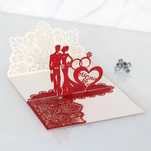 Elegant 3D laser cut wedding invitation with red glitter heart and Mr & Mrs text