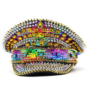 Rainbow sequin captain hat with colorful studs and vibrant yellow gemstones for festivals