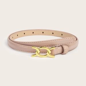 Slim pink leather belt for women featuring a unique golden chain link metal buckle