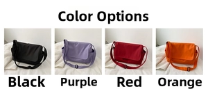 Four colors of canvas messenger bags: black, purple, red, and orange options