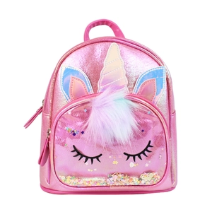 Pink unicorn plush mini backpack for girls with glitter sequins and 3D colorful horn