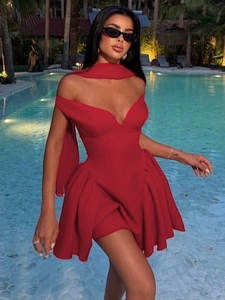 Sexy V-Neck Mini Dress Sleeveless Off Shoulder Puffy Skirt With Streamer Elegant Party Banquet Dress Women
