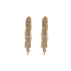 Elegant gold drop earrings with long rhinestone tassels and shimmering champagne stones