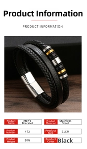 Detailansicht mehrlagiges schwarzes geflochtenes Lederarmband für Herren mit 21cm Angabe