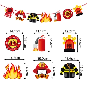 Size specifications for firefighter party banner components with helmet and extinguisher icons