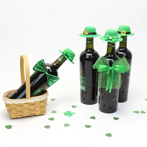 St Patricks Day Wine Bottle Decoration Mini Green Top Hat Bow Tie Shamrock Sequin Lace Fabric Festive Party Decor