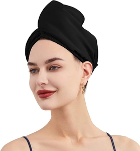 Close-up of black satin hair wrap for long hair drying shown on female model