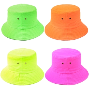 Neon bucket hats in green, orange, yellow, and pink with breathable metal eyelets for summer