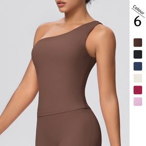 Women One Shoulder Naked Feeling Sports Bra High Elastic Yoga Tank Top Fitness Running Workout Top Brushed Fabric Solid Color Top