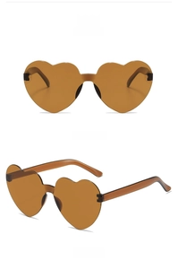 Front and side views of brown heart-shaped rimless sunglasses with jelly texture