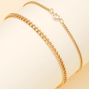 Two-piece gold stainless steel anklets with Cuban chain and heart zircon pendant