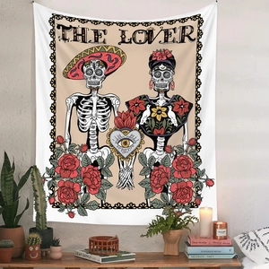 Detail of The Lovers tarot tapestry with skeleton couple and roses on white wall