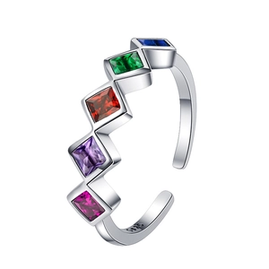 Minimalist S925 sterling silver open ring with geometric colorful zircon gemstones