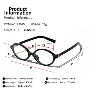 Detailed size chart of vintage oval eyeglasses with frame measurements and PC material specs