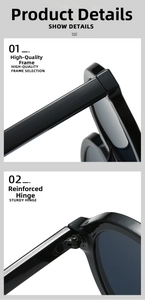 Detail of ergonomic black glossy frame edge and sturdy reinforced metal hinge of sunglasses