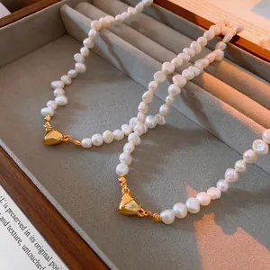 French luxury heart magnetic freshwater pearl necklace with gold heart clasp for women