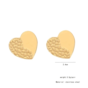 Detailed view of heart-shaped stainless steel earrings with dual texture and dimensions