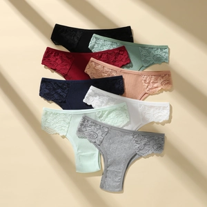 Culotte Femme Coton Côtelé Dentelle Taille Basse Respirant Couleur Unie Sous-vêtements Confortable