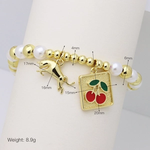 Detailed dimensions of pearl and gold bead bracelet with horse and cherry pendants