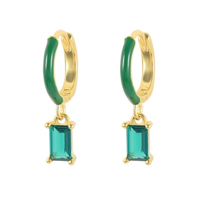 S925 silver needle hoop earrings with green enamel coating and emerald cut stones