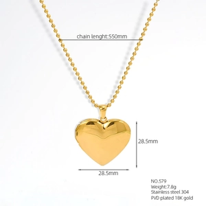 Detailed specs of a gold heart locket necklace with 550mm chain and PVD 18K plating