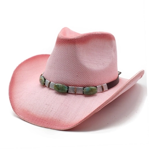 Chapeau de cowboy en paille dégradé rose avec bande décorée de pierres turquoise