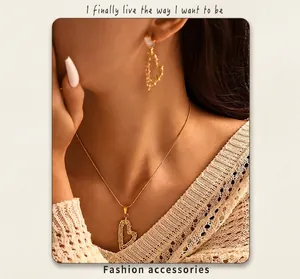 Fashionable hollow heart necklace and earrings set in PVD gold plating on female model