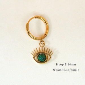Detail of 14K gold plated hoop earring with green stone eye pendant and size specs