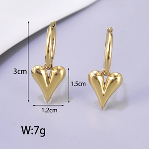 Golden heart drop hoop earrings in polished stainless steel with 3cm length dimensions