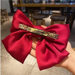Solid red satin chiffon oversized bow spring hair clip with handmade metallic clasp