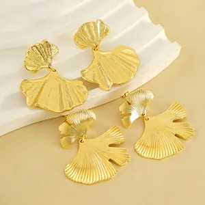 Ginkgo Leaf Stud Earrings 18K Gold Plated Stainless Steel Retro Nature Inspired Fashion Ear Jewelry For Women