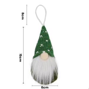 Christmas gnome ornament detail with green snowflake knit hat and dimensions 15x6cm