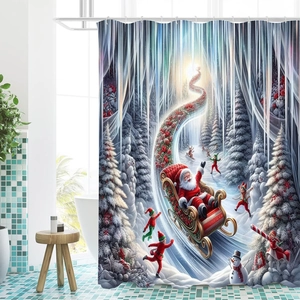 Christmas shower curtain with Santa, elves and snowman in winter forest scene