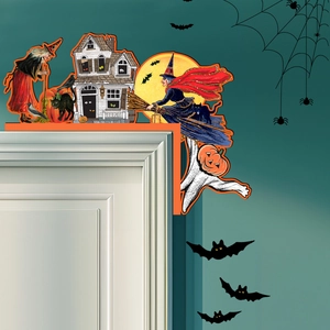 Detail view of vintage Halloween door corner decor with witch and ghost silhouettes