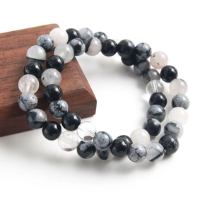 Double-layered natural black rutilated quartz beaded bracelet with mixed stone pattern