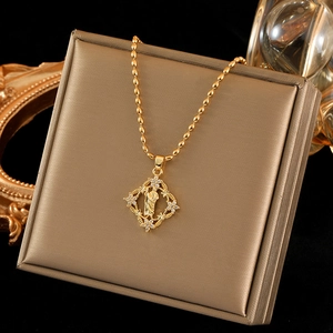 Stainless Steel Copper Zirconia Jesus Portrait Pendant Necklace Geometric Quadrilateral Gold Plated Chain Women Gift